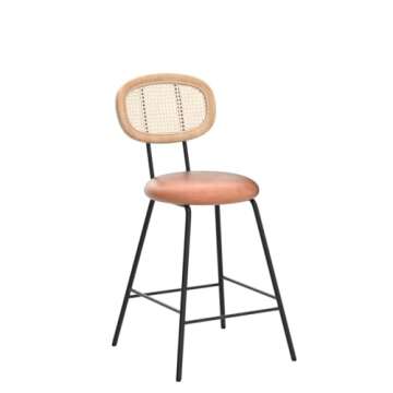 Amadi Counter Stools Rattan Back Dining Chair, Indoor Faux Leather Bar Stools Set of 2, Armless Dining Chairs with Rattan Backrest, Modern Metal Counter Height Barstools for Home Whiskey Brown,24"