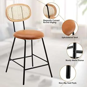 Amadi Counter Stools Rattan Back Dining Chair, Indoor Faux Leather Bar Stools Set of 2, Armless Dining Chairs with Rattan Backrest, Modern Metal Counter Height Barstools for Home Whiskey Brown,24"