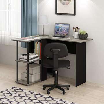Furinno Abbott L-Shape Computer Desk with Bookshelf for Small Spaces