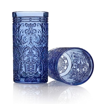 Godinger Highball Drinking Glasses, Tall Glass Cups Vintage Design - Jax Collection, Blue, Set of 4