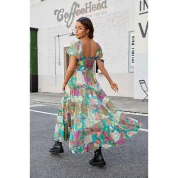 ABYOVRT Women Floral Maxi Dress Short Puff Sleeve V Neck Bohemian Flowy Dress Smocked Casual Spring Summer Dresses (Green,L)