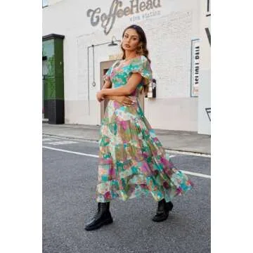 ABYOVRT Women Floral Maxi Dress Short Puff Sleeve V Neck Bohemian Flowy Dress Smocked Casual Spring Summer Dresses (Green,L)