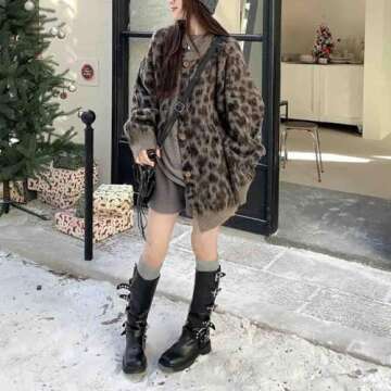 Retro Loose Leopard Print Jacquard Sweater Jacket for Women, Autumn and Winter Thick Y2K Casual Knit...