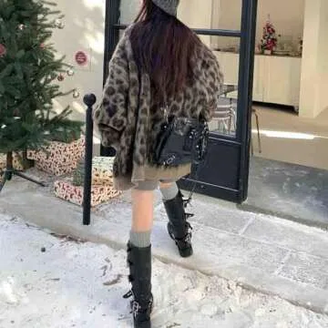 Retro Loose Leopard Print Jacquard Sweater Jacket for Women, Autumn and Winter Thick Y2K Casual Knitted Cardigan (Brown,One Size)