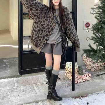 Retro Loose Leopard Print Jacquard Sweater Jacket for Women, Autumn and Winter Thick Y2K Casual Knitted Cardigan (Brown,One Size)