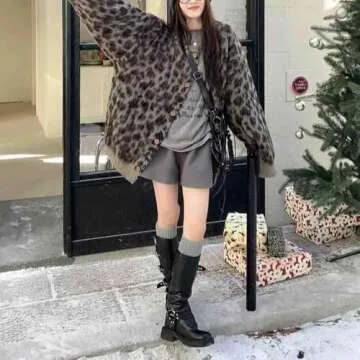 Retro Loose Leopard Print Jacquard Sweater Jacket for Women, Autumn and Winter Thick Y2K Casual Knitted Cardigan (Brown,One Size)