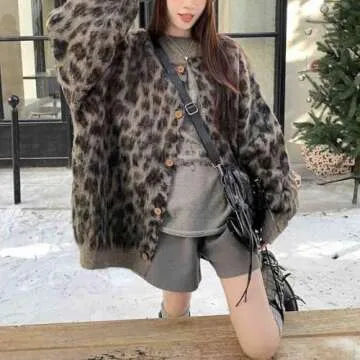 Retro Loose Leopard Print Jacquard Sweater Jacket for Women, Autumn and Winter Thick Y2K Casual Knitted Cardigan (Brown,One Size)