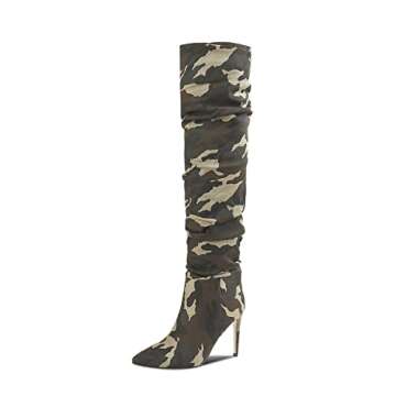 ISNOM Women's Thigh High Boots, Women's Over The Knee High Boot Wide Calf Stiletto Heel Pointed Toe Boot for Women Ladies Female-Camouflage