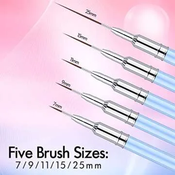 Nail Art Liner Brushes - Eptbsdu 5PC Nail Art Brush for Long Lines, Liner Brush UV Gel Polish Painting Nail Design Brush Metal Handle Nail Drawing Pens, Sizes 7/9/11/15/25mm
