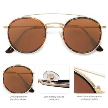 SOJOS Retro Vintage Round Polarized Sunglasses for Women Men Small Double Bridge Circle Sunnies SJ1104, Tortoise/Brown