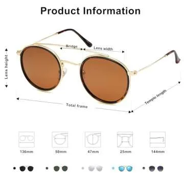 SOJOS Retro Vintage Round Polarized Sunglasses for Women Men Small Double Bridge Circle Sunnies SJ1104, Tortoise/Brown
