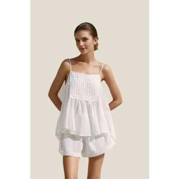 Xfileen Womens Summer 2 Piece Set Sleeveless Tie Straps Ruffle Trim Top and Shorts Sets Soft Cozy Pajamas Set