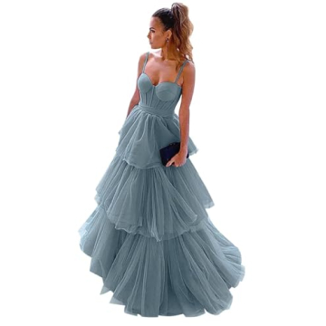 Tiered Prom Dresses for Teens Sexy Tulle Ruffles Bow Princess Sleeveless Layered Formal Dress for We...