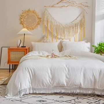 Elegant Boho White Queen Duvet Cover Set with Tassels