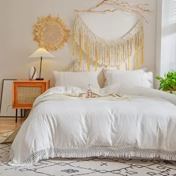 Elegant Boho White Queen Duvet Cover Set with Tassels