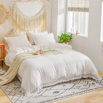 Elegant Boho White Queen Duvet Cover Set with Tassels