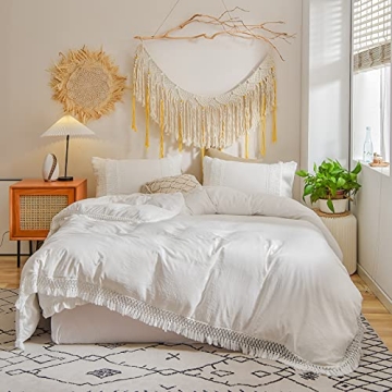 Elegant Boho White Queen Duvet Cover Set with Tassels