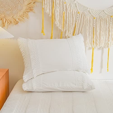 Elegant Boho White Queen Duvet Cover Set with Tassels
