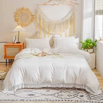 Elegant Boho White Queen Duvet Cover Set with Tassels
