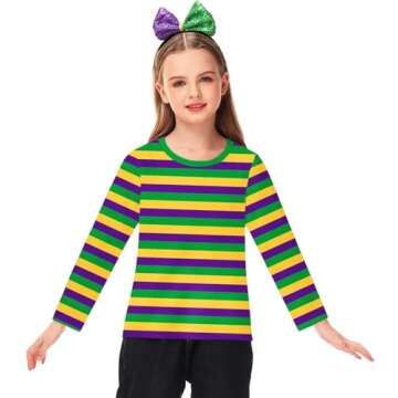Remimi Kid Carnival Stripes Top Mardi Gras New Orleans T-Shirt Fat Tuesday Long Sleeve Shirts Parade Party Crewneck Shirts 9-10 Years