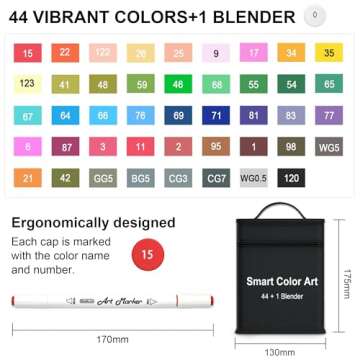 Smart Color Art Art Markers, 44 Coloring Markers and 1 Blender, 45 Pack Alcohol Based Dual Tip Permanent Highlighters with Case, Excellent for Adults Kids Marking Drawing Sketching