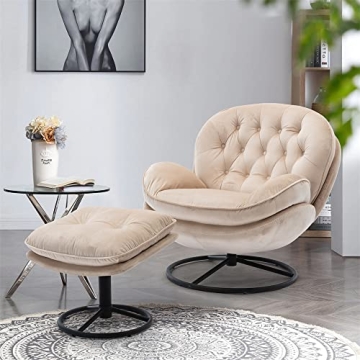 Velvet Swivel Accent Chair with Ottoman Set, Modern Lounge Chair with Metal Base Frame & Footrest, C...