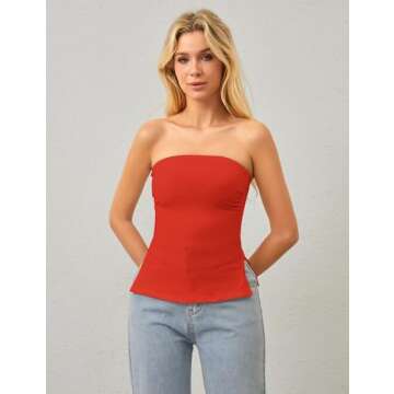 Burtell Y2K Strapless Tube Tops for Women Sexy Off Shoulder Side Slit Bandeau Tops Summer Slim Fit Backless Ruched Tank Tops Red, Small