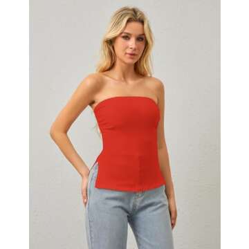 Burtell Y2K Strapless Tube Tops for Women Sexy Off Shoulder Side Slit Bandeau Tops Summer Slim Fit Backless Ruched Tank Tops Red, Small