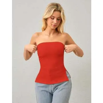 Burtell Y2K Strapless Tube Tops for Women Sexy Off Shoulder Side Slit Bandeau Tops Summer Slim Fit Backless Ruched Tank Tops Red, Small
