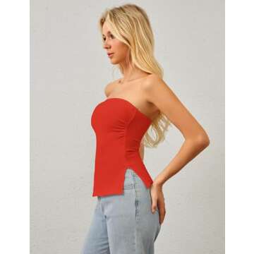 Burtell Y2K Strapless Tube Tops for Women Sexy Off Shoulder Side Slit Bandeau Tops Summer Slim Fit Backless Ruched Tank Tops Red, Small