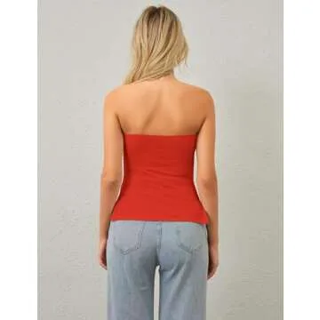 Burtell Y2K Strapless Tube Tops for Women Sexy Off Shoulder Side Slit Bandeau Tops Summer Slim Fit Backless Ruched Tank Tops Red, Small