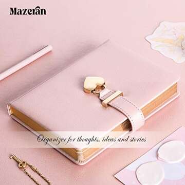 Mazeran Heart Shaped Lock Journal, PU Leather Hard Cover Gold Gild Edge Notebook Travel Diary, B6 Lined Locking with Key Personal Planner Secret Organizers Gift for Girls Women Daughter
