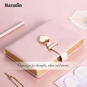 Mazeran Heart Shaped Lock Journal, PU Leather Hard Cover Gold Gild Edge Notebook Travel Diary, B6 Lined Locking with Key Personal Planner Secret Organizers Gift for Girls Women Daughter