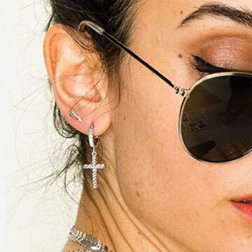 Me&Hz Sterling Silver Plated Cross Earrings Silver Huggie Hoop Earrings Cubic Zirconia Cross Charm D...