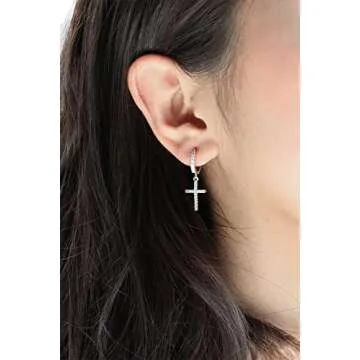 Me&Hz Sterling Silver Plated Cross Earrings Silver Huggie Hoop Earrings Cubic Zirconia Cross Charm Dangle Drop Cross Earrings for Women Men 1st Communion Gifts Cross Jewelry