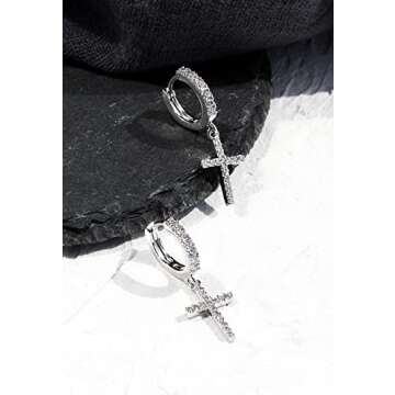 Me&Hz Sterling Silver Plated Cross Earrings Silver Huggie Hoop Earrings Cubic Zirconia Cross Charm Dangle Drop Cross Earrings for Women Men 1st Communion Gifts Cross Jewelry