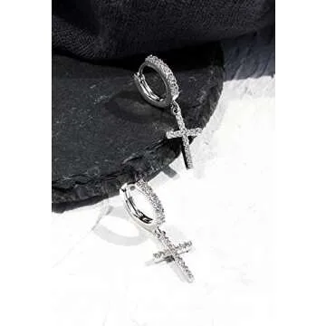 Me&Hz Sterling Silver Plated Cross Earrings Silver Huggie Hoop Earrings Cubic Zirconia Cross Charm Dangle Drop Cross Earrings for Women Men 1st Communion Gifts Cross Jewelry