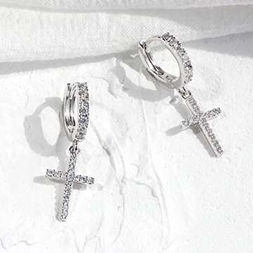 Me&Hz Sterling Silver Plated Cross Earrings Silver Huggie Hoop Earrings Cubic Zirconia Cross Charm Dangle Drop Cross Earrings for Women Men 1st Communion Gifts Cross Jewelry