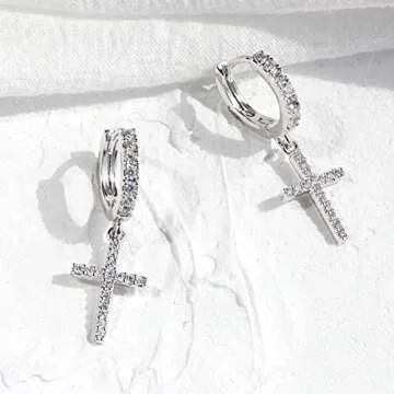 Me&Hz Sterling Silver Plated Cross Earrings Silver Huggie Hoop Earrings Cubic Zirconia Cross Charm Dangle Drop Cross Earrings for Women Men 1st Communion Gifts Cross Jewelry