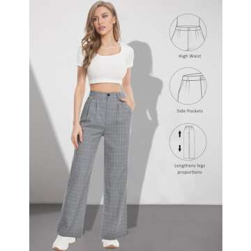 Tapata Women Wide Leg Pants High Waisted Dress Trousers Casual Elastic Pockets Business Work Slacks, Plaid Black, 4