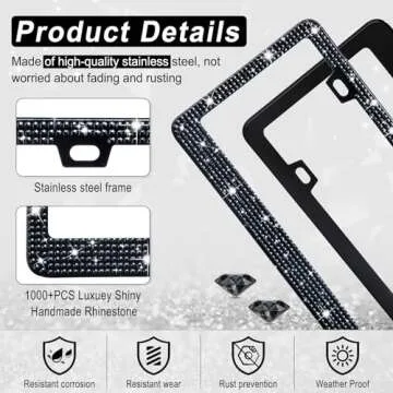 Amiss Bling License Plate Frame for Women, 1Pack Rhinestone Handcrafted Crystal Premium Stainless Steel, Stainless Steel Car Accessories with Diamond Sparkle Glitter Caps (Black)