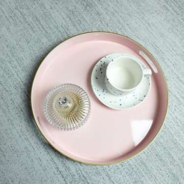Spsyrine Round Pink Decorative Tray, 13" Plastic Serving Table Tray with Handles for Breakfast, Roun...