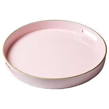 Spsyrine Round Pink Decorative Tray, 13" Plastic Serving Table Tray with Handles for Breakfast, Round Modern Ottoman Tray for Coffee Table, Bathroom, Kitchen, Living Room