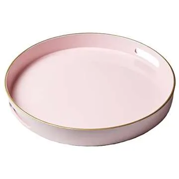 Spsyrine Round Pink Decorative Tray, 13" Plastic Serving Table Tray with Handles for Breakfast, Round Modern Ottoman Tray for Coffee Table, Bathroom, Kitchen, Living Room