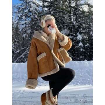 COZYPOIN Women's Suede Jacket Faux Shearing Jacket Thick Lined Parka Winter Coat Leather Jacket(Brown-S)