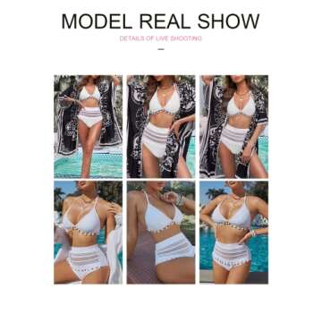 Astylish Women's High Waist Two Pieces Bikini Set Halter Straps Tassel Swimsuit White
