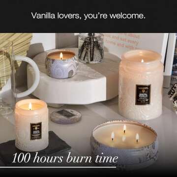 Voluspa Santal Vanille, Large Candle Jar, 18 oz, 100 Hour Burn Time, All Natural Wicks and Coconut Wax for Clean Burning, Vegan, Poured in the USA