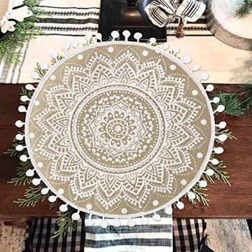 Collive Boho Round Placemat 15 Inch - Farmhouse Woven Jute Fringe Table Mats Set of 4 with Pompom Ta...