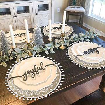 Collive Boho Round Placemat 15 Inch - Farmhouse Woven Jute Fringe Table Mats Set of 4 with Pompom Tassel Place Mat for Dining Room Kitchen Table Decor, White Mandala Flower