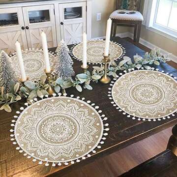 Collive Boho Round Placemat 15 Inch - Farmhouse Woven Jute Fringe Table Mats Set of 4 with Pompom Tassel Place Mat for Dining Room Kitchen Table Decor, White Mandala Flower